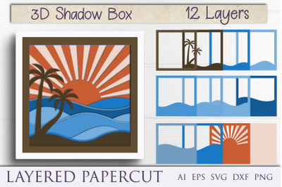 3d waves shadow box svg, Layered papercut summer