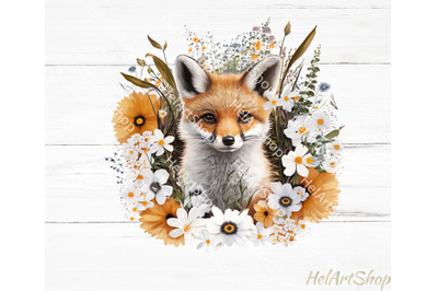 Floral Cute Fox Png | Sublimation PNG