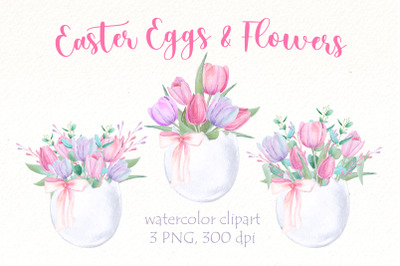 Easter Eggs watercolor clipart, Spring Hand painted floral