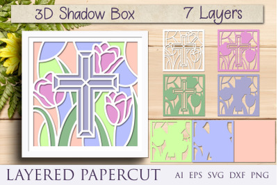 Religious cross with flowers 3d shadow box layered papercut