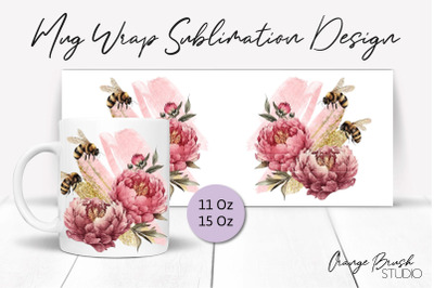 Bee Mug Sublimation Design, Bee and Flowers Mug Wrap