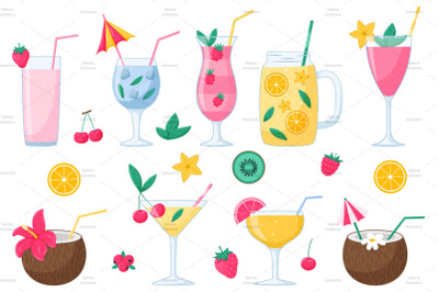 Set of 9 cocktails, berries and fruits