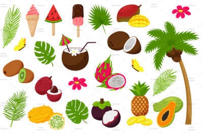 Set of tropical fruits and palm leaves