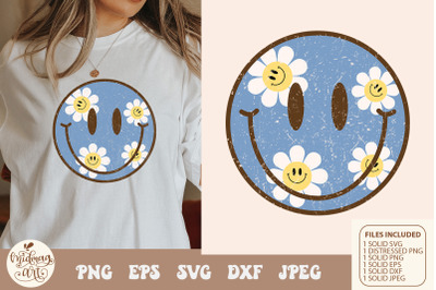 Retro smiley face with daisy pattern svg png sublimation