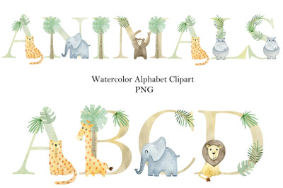 Watercolor alphabet with animals.