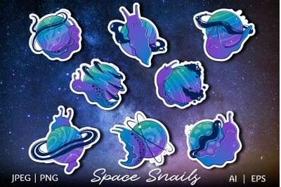 Space snails sticker pack | 8 PNG Cute Galaxy Slug