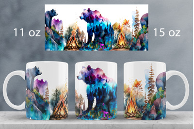 Bear mug wrap design Forest landscape mug sublimation png