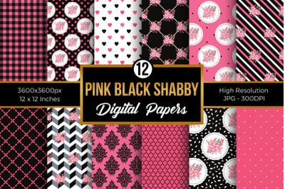 Pink Black Shabby Chic Floral Digital Papers