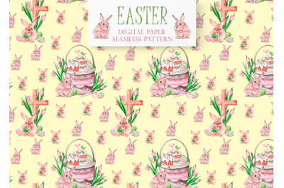 Happy Easter watercolor seamless pattern, digital paper. Easter hunt.