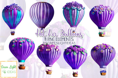 Watercolor Purple Hot Air Balloons Clipart, Floral Balloons Graphics