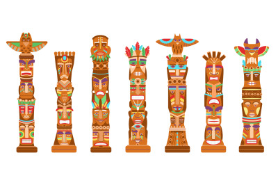 Mask totem poles. Hawaii tiki totems, ancient mythological symbols ind