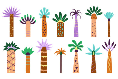 Abstract palm tree set. Coconut sea beach plants, different palms with