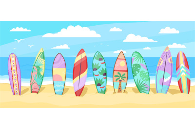 Surfing board on beach. Surfboard background, ocean panorama with deco