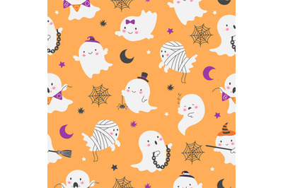 Cartoon ghost seamless pattern. Ghostly party texture, creepy horror f