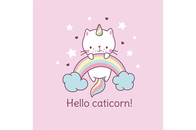 Caticorn poster. Cat unicorn on rainbow&2C; fairy kitten t-shirt kawaii p