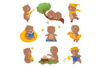 Funny bear character. Isolated bears poses, cartoon animals emoticon.