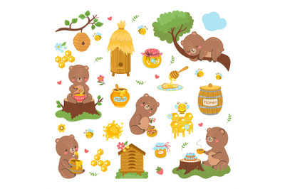 Bear and honey. Cartoon bees bears, cute forest animal flying bee and