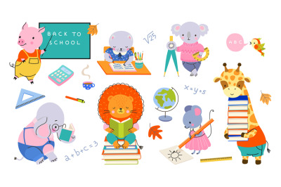 Back to school animal. Animals writing, elephant reading book. Educati