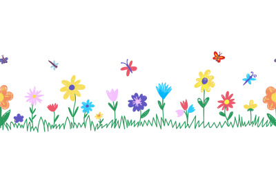 Kids painting flowers. Children hand drawing flower meadow with green