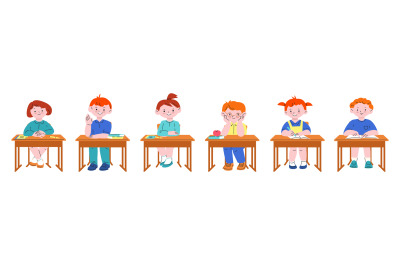 Kids sitting at desk. Study student, isolated lesson school characters