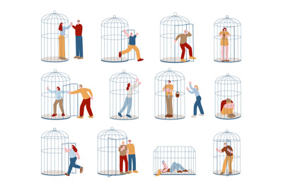 People in cages. Cage limit woman life, personal independence and subd