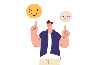 Choose positive emotions every day. Happy man point on emoticons, sad