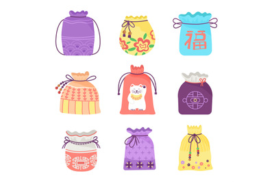 Lucky bags. Art chinese bag, korean happy traditional pocket. Asian tr