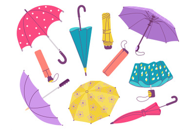 Umbrella collection. Open folded umbrellas with decor, vintage rainy w