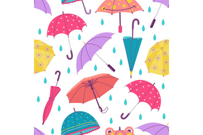 Umbrella and rain drops seamless pattern. Hand drawn doodle umbrellas,