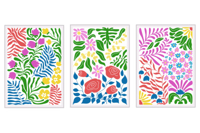 Contemporary doodle flowers wall posters. Abstract trendy matisse insp