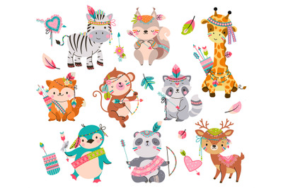 Cartoon tribal animals. Wild cute animal with arrows. Boho style fox,