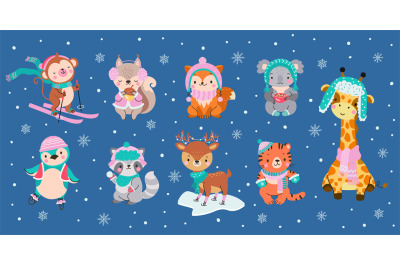 Winter animal characters. Holiday cute animals wear scarf and hats. Fo