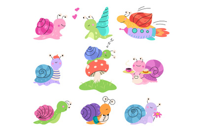 Cute cartoon snail. Gastropod shell, garden snails happy set. Wild sma