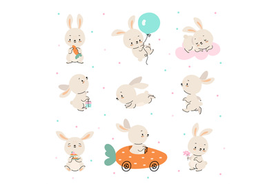 Cute cartoon bunny. Dancing rabbit, newborn baby funny animal stickers