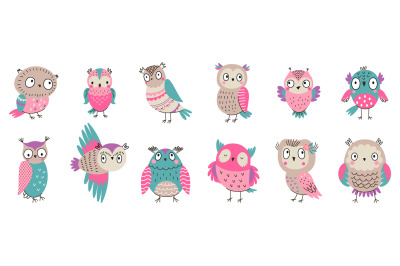 Cartoon owl characters. Cute owls set, spring forest birds. Happy wild