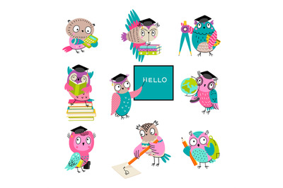 Smart cartoon owls and school education elements. Owl learning and wri