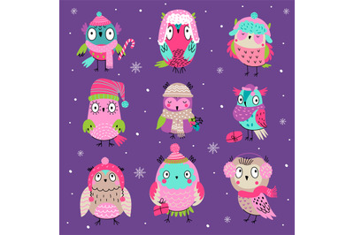 Funny winter owls xmas holiday season. Kid animals with present, sweet