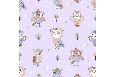 Cute owls seamless pattern. Owl background, cartoon print with forest