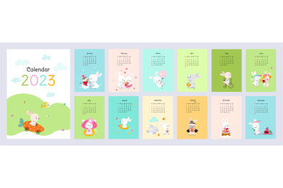 Wall calendar 2023 with cute rabbits. Kid animals print design&2C; 12 mon