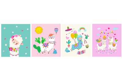 Baby design cute alpaca postcards. Llama birthday party banners with c