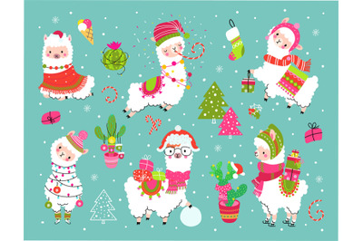 Christmas cartoon alpaca with cactus and gifts. Funny llamas x-mas par