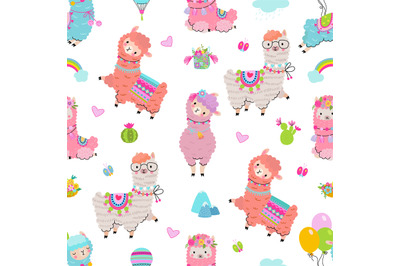 Cartoon alpaca and cacti seamless pattern. Cactus party, funny llama s