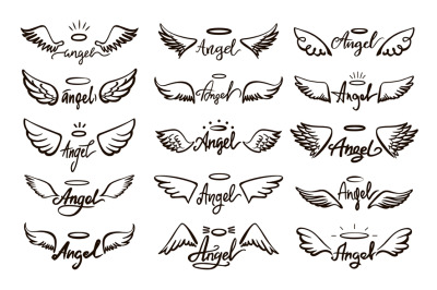 Angel lettering and wings sketch. Spirit saint angels wing with halo.