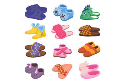 Cartoon slippers for kid and adults. Women home shoes, fluffy footwear