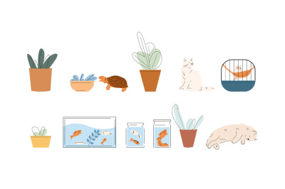 Animals and plants in pots. Home cozy elements&2C; cats&2C; fish in aquarium