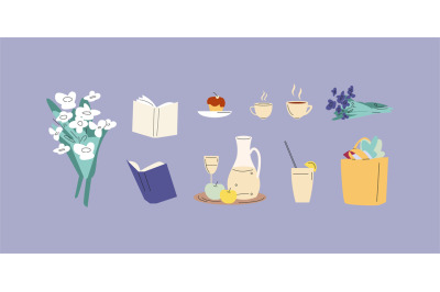 Cute simple books, cup of coffee or tea, flower bouquet and shopping b