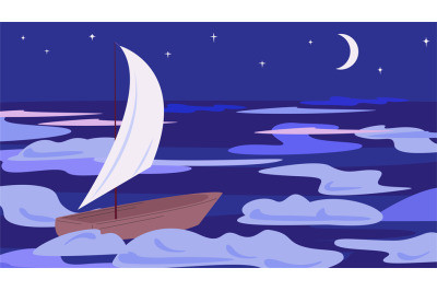 Sailboat sails in ocean at night by moon and starry sky. Acid trendy i