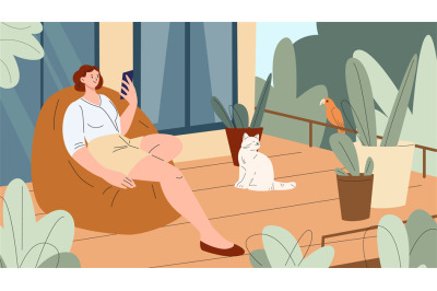 Woman rest in terrace or green balcony with cat and parrot. Home garde