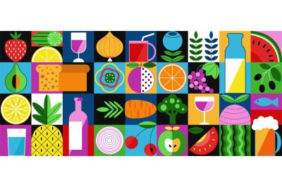 Abstract geometric food in square tiles. Bauhaus inspiration flat frui