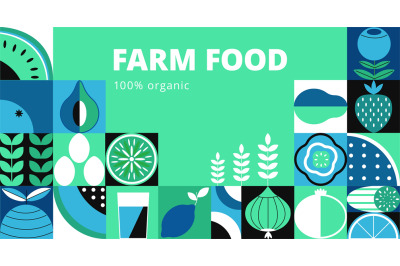 Organic food geometric market banner. Seasonal farm foods and drinks m